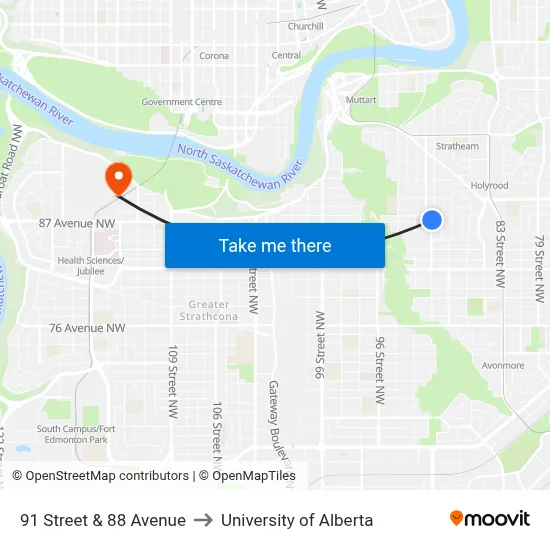 91 Street & 88 Avenue to University of Alberta map