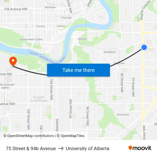 75 Street & 94b Avenue to University of Alberta map
