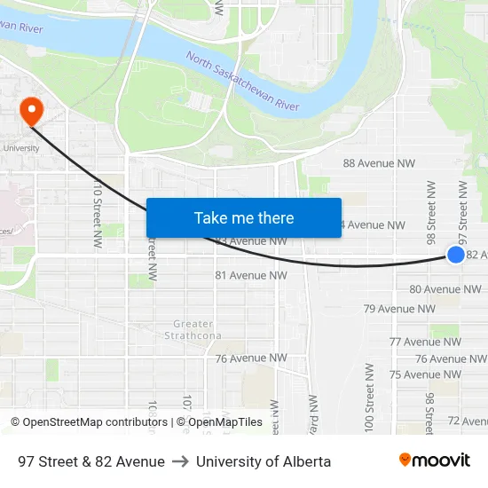 97 Street & 82 Avenue to University of Alberta map