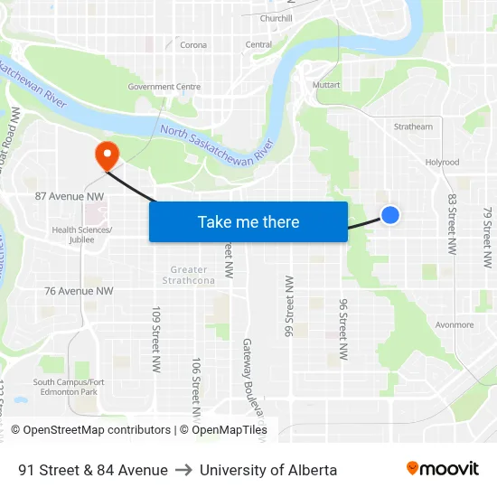 91 Street & 84 Avenue to University of Alberta map