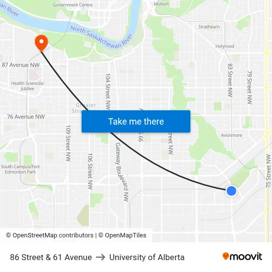 86 Street & 61 Avenue to University of Alberta map
