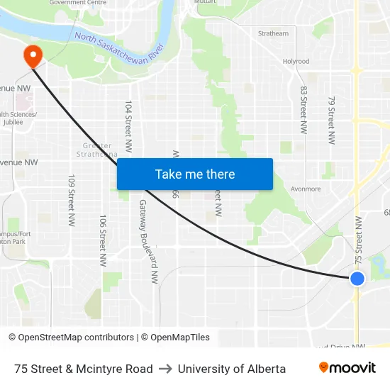75 Street & Mcintyre Road to University of Alberta map