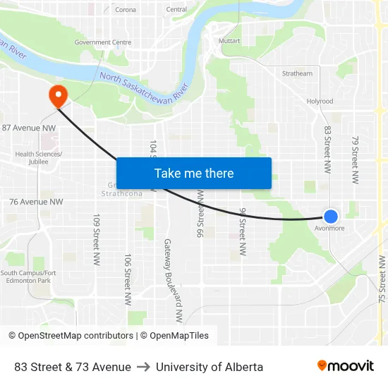 83 Street & 73 Avenue to University of Alberta map
