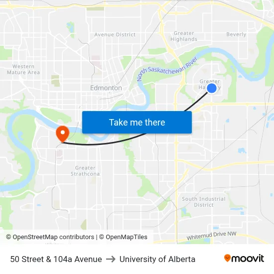 50 Street & 104a Avenue to University of Alberta map
