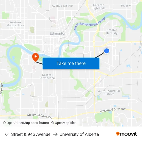 61 Street & 94b Avenue to University of Alberta map
