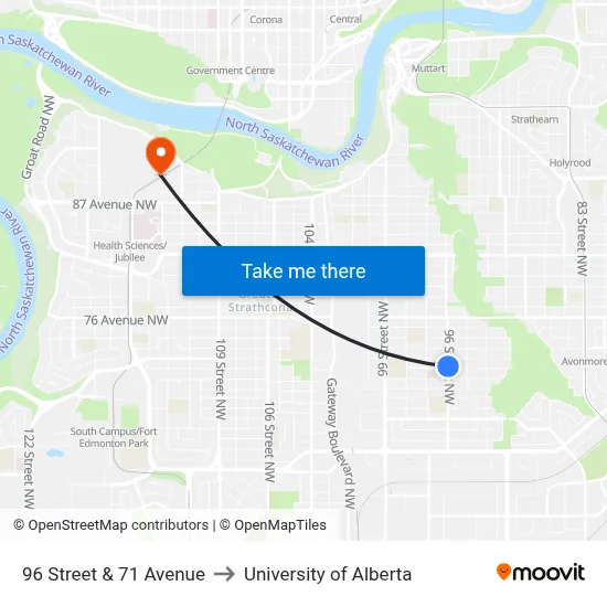 96 Street & 71 Avenue to University of Alberta map