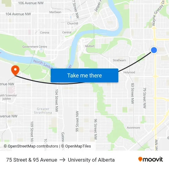 75 Street & 95 Avenue to University of Alberta map