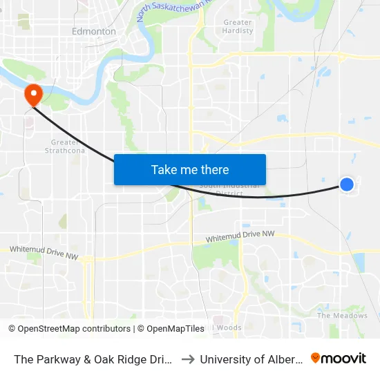 The Parkway & Oak Ridge Drive to University of Alberta map