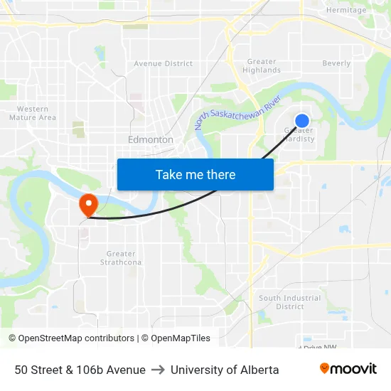 50 Street & 106b Avenue to University of Alberta map