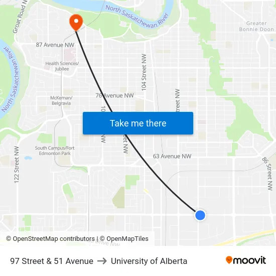 97 Street & 51 Avenue to University of Alberta map