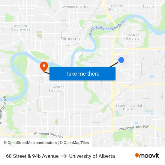 68 Street & 94b Avenue to University of Alberta map