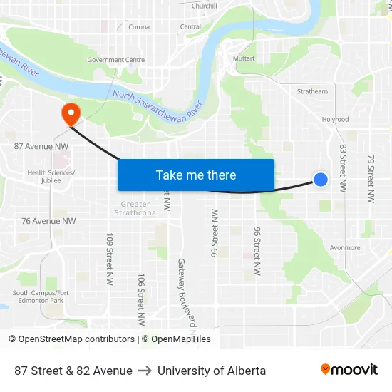 87 Street & 82 Avenue to University of Alberta map