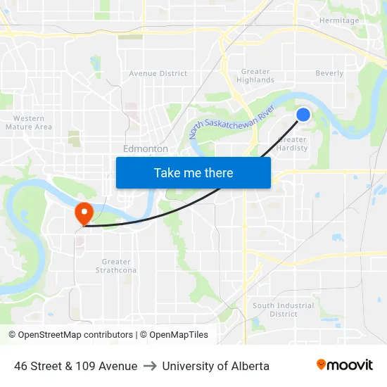 46 Street & 109 Avenue to University of Alberta map
