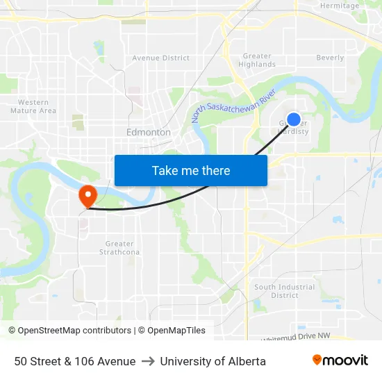 50 Street & 106 Avenue to University of Alberta map