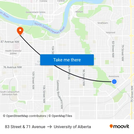 83 Street & 71 Avenue to University of Alberta map