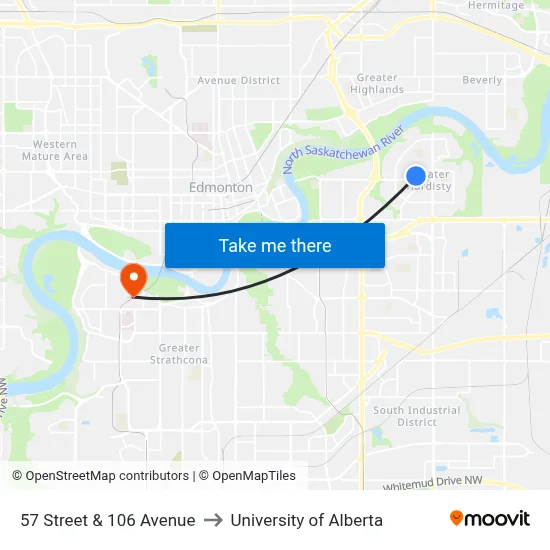 57 Street & 106 Avenue to University of Alberta map