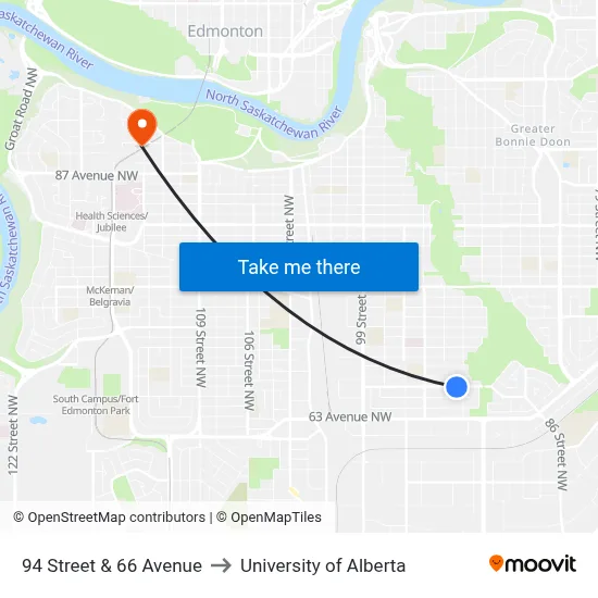 94 Street & 66 Avenue to University of Alberta map