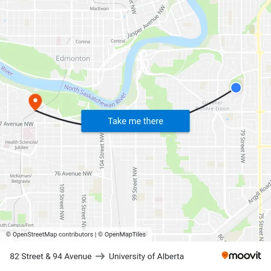 82 Street & 94 Avenue to University of Alberta map