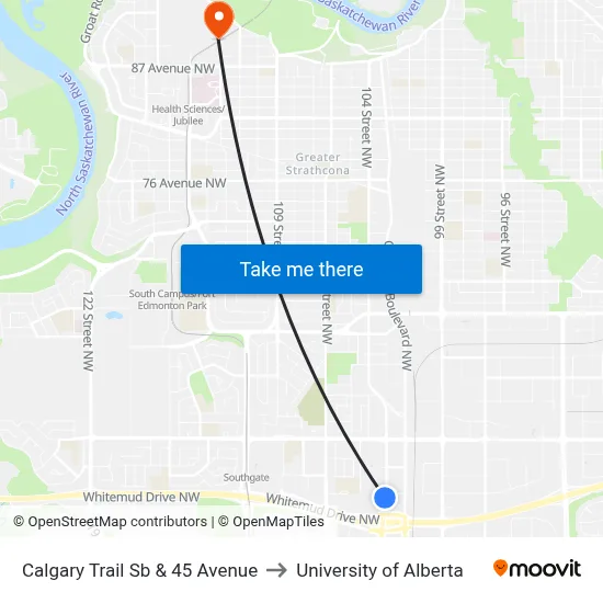 Calgary Trail Sb & 45 Avenue to University of Alberta map