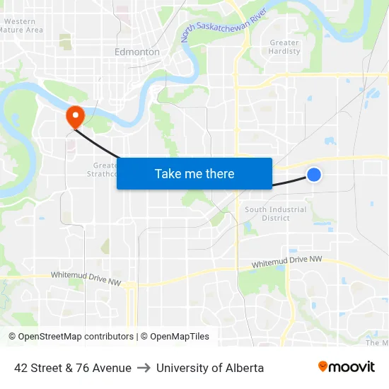 42 Street & 76 Avenue to University of Alberta map