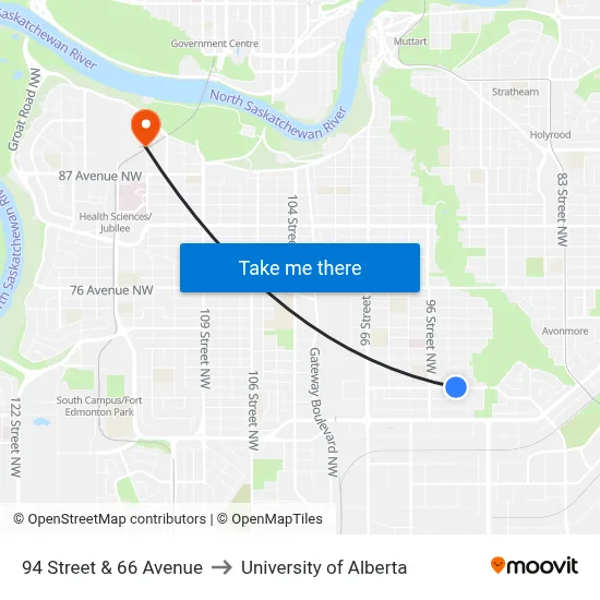 94 Street & 66 Avenue to University of Alberta map