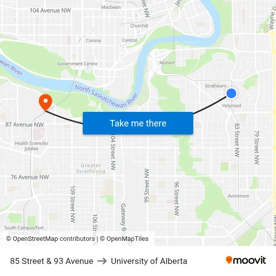 85 Street & 93 Avenue to University of Alberta map