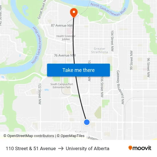110 Street & 51 Avenue to University of Alberta map