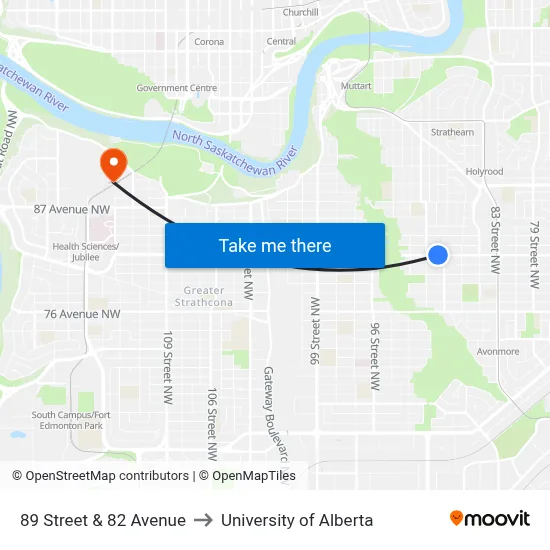 89 Street & 82 Avenue to University of Alberta map