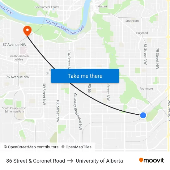 86 Street & Coronet Road to University of Alberta map