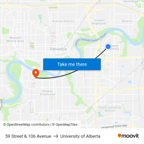 59 Street & 106 Avenue to University of Alberta map