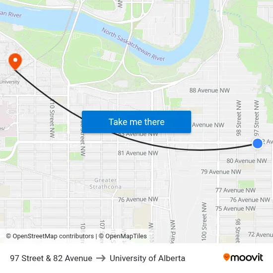 97 Street & 82 Avenue to University of Alberta map