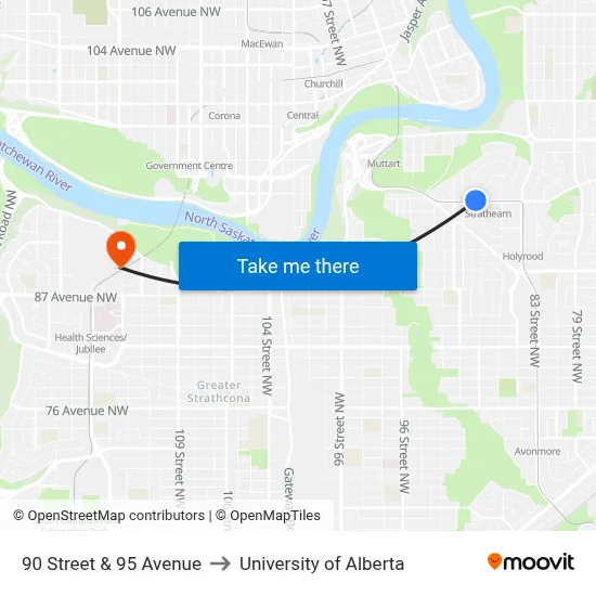90 Street & 95 Avenue to University of Alberta map
