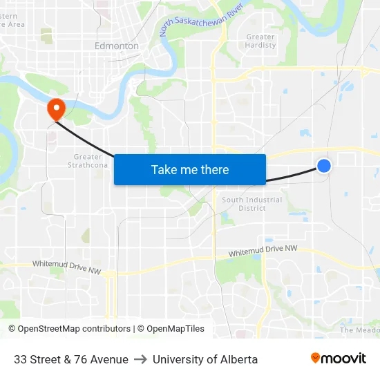 33 Street & 76 Avenue to University of Alberta map