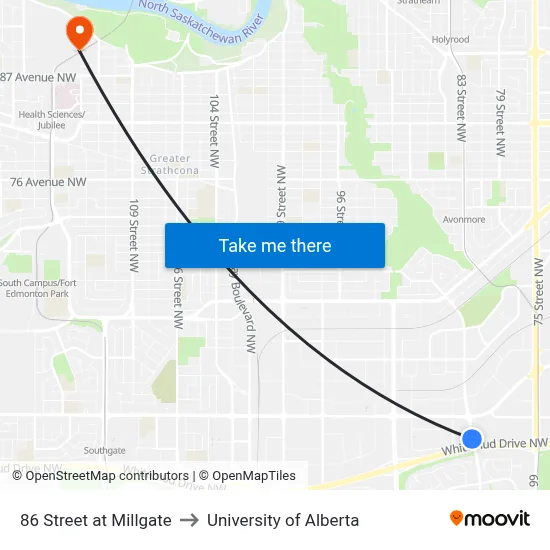 86 Street at Millgate to University of Alberta map