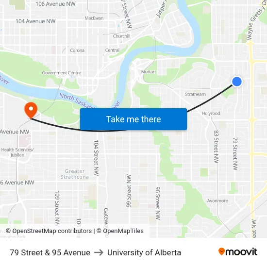 79 Street & 95 Avenue to University of Alberta map