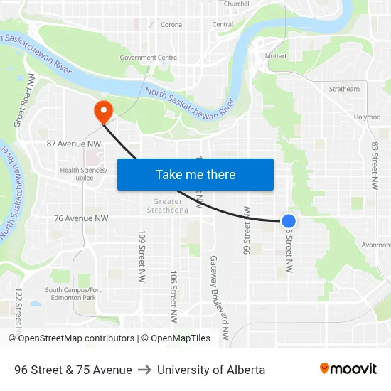 96 Street & 75 Avenue to University of Alberta map