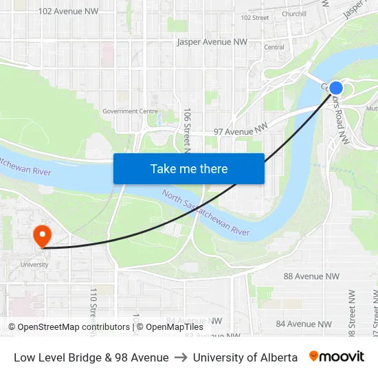 Low Level Bridge & 98 Avenue to University of Alberta map