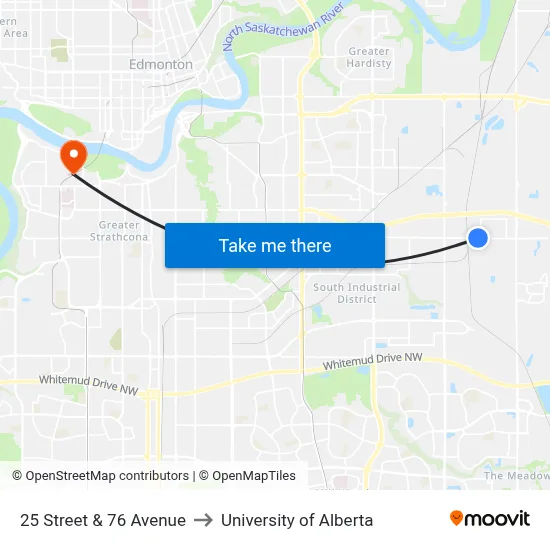 25 Street & 76 Avenue to University of Alberta map