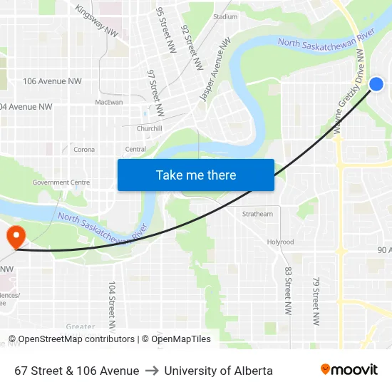 67 Street & 106 Avenue to University of Alberta map