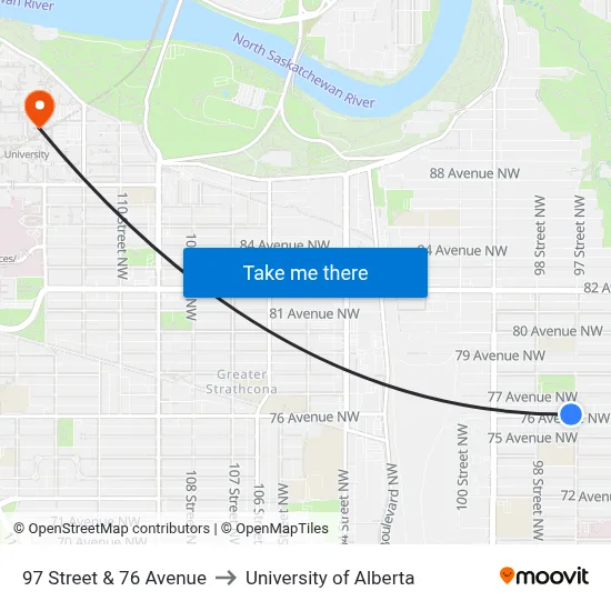 97 Street & 76 Avenue to University of Alberta map