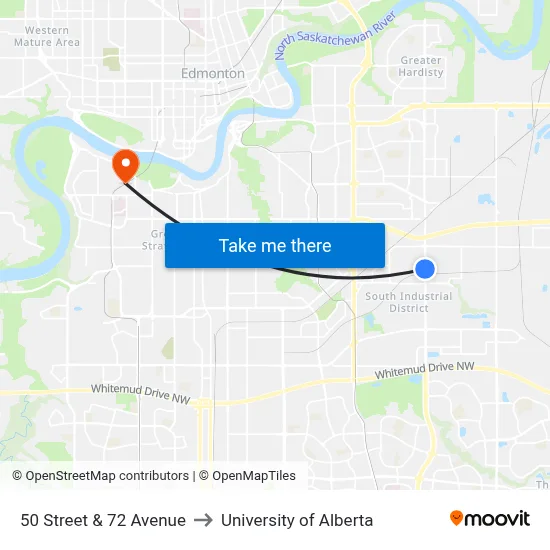 50 Street & 72 Avenue to University of Alberta map