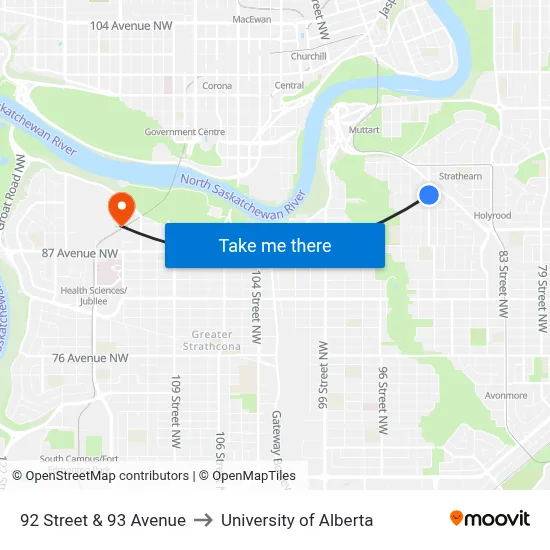 92 Street & 93 Avenue to University of Alberta map