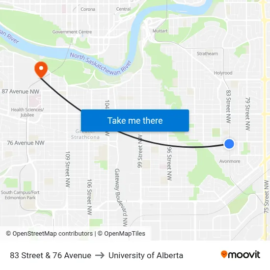 83 Street & 76 Avenue to University of Alberta map