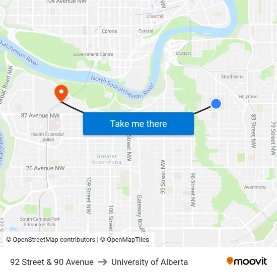 92 Street & 90 Avenue to University of Alberta map
