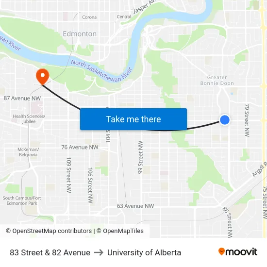 83 Street & 82 Avenue to University of Alberta map