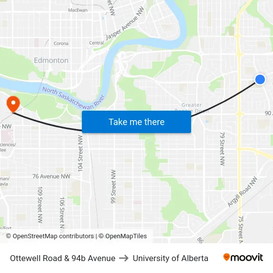 Ottewell Road & 94b Avenue to University of Alberta map
