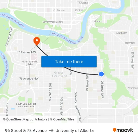 96 Street & 78 Avenue to University of Alberta map