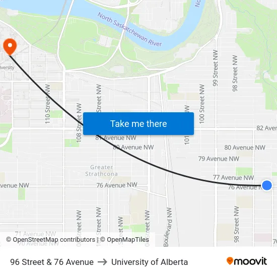 96 Street & 76 Avenue to University of Alberta map