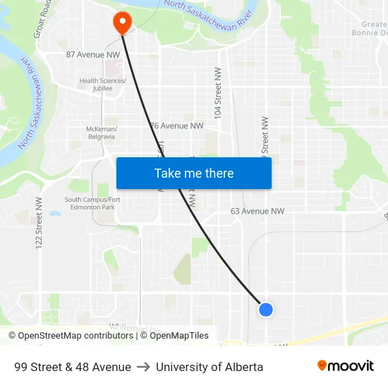 99 Street & 48 Avenue to University of Alberta map