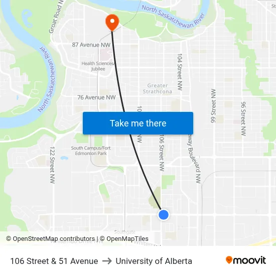 106 Street & 51 Avenue to University of Alberta map